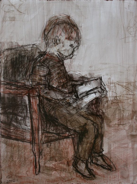 Criança a ler, de Terhi Hulkko (pastel e acrílico, 2012, via Flickr)