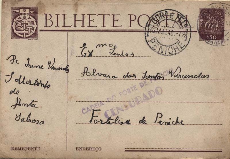 Postal censurado, Sabrosa-Peniche (fonte: Clube Filatélico de Portugal)